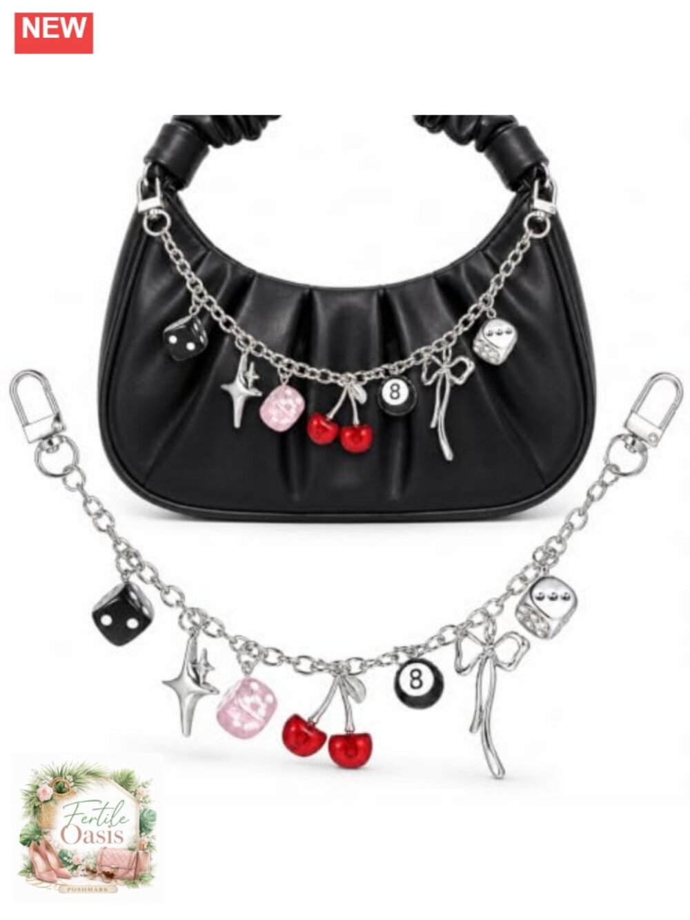 Y2K 8 Ball Bag Charm Pendant with Dice Star Bow - Silver Zinc Alloy Purse Charm